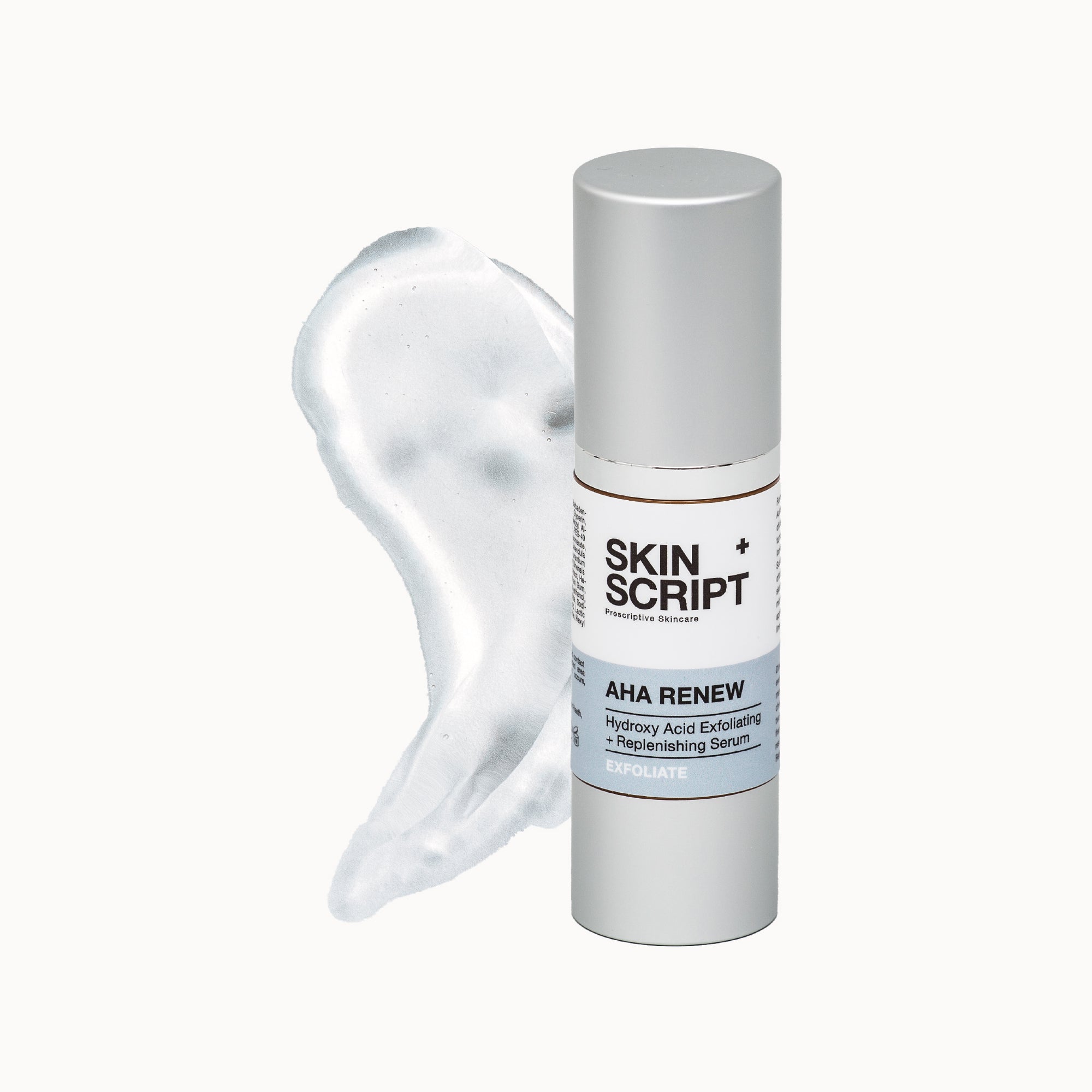Skin Script AHA Renew front of packaging and smear shown behind