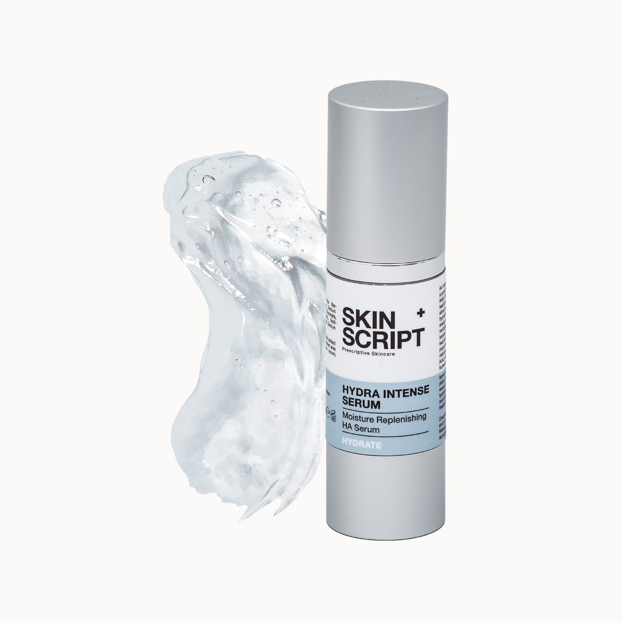 Skin Script Hydra Intense Serum - front of packaging and smear shown behind