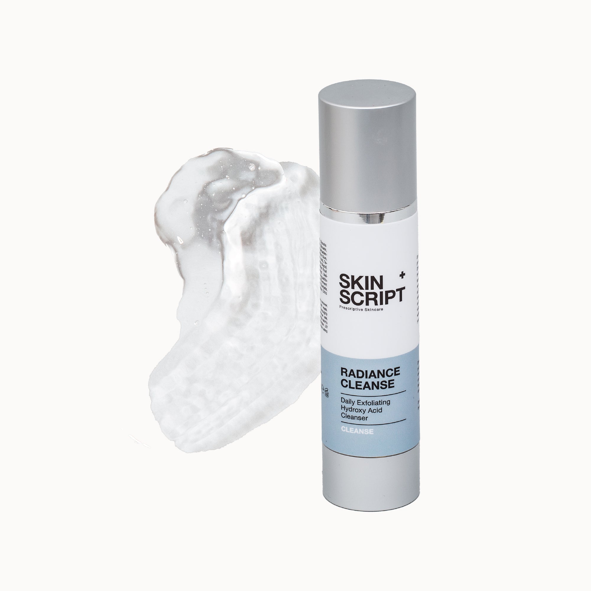 Skin Script Radiance Cleanse - front of packaging and smear shown behind
