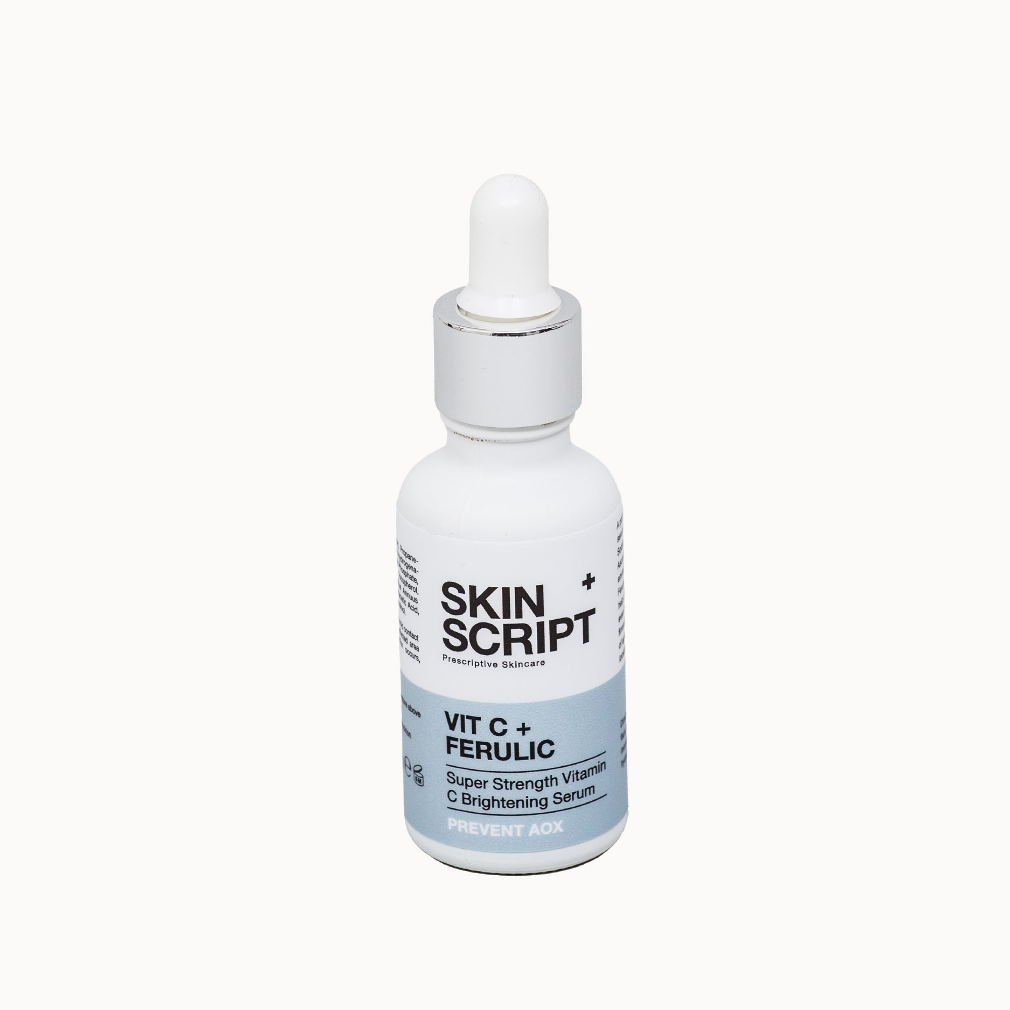 Skinscript Vit C + Ferulic serum bottle, front of bottle.